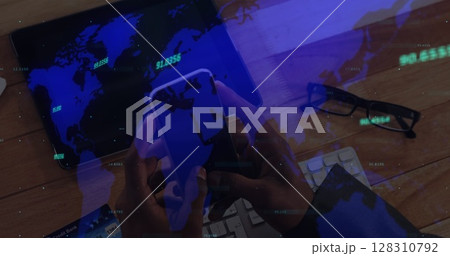 Image of financial data processing over person using smartphone Image of financial data processing over person using smartphone 128310792