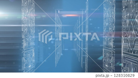 Image of data processing with light trail on computer servers on blue background Image of data processing with light trail on computer servers on blue background 128310829