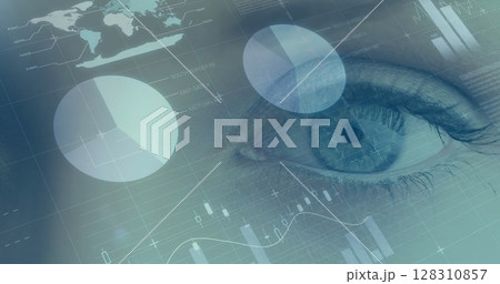 Image of financial data processing with statistics over woman's eye 128310857