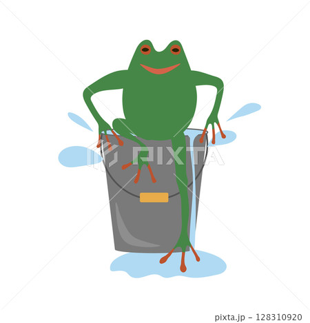 A green frog sits on a bucket of water. Cartoon vector illustration. 128310920