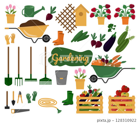 A set of elements on the theme of gardening. 128310922