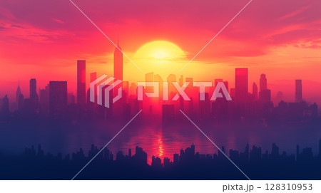 City skyline silhouette at sunset with tall...のイラスト素材 [128310953] - PIXTA