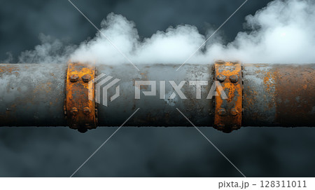 Industrial pipe leaking steam with rusty orange flanges, close-up of pressure system in factory, engineering infrastructure concept 128311011
