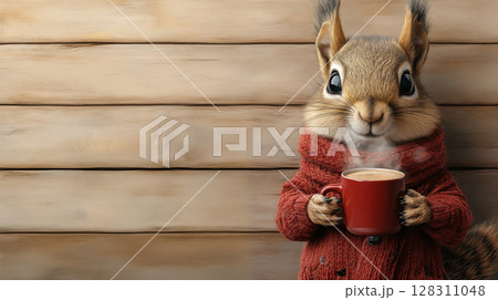Squirrel wearing red sweater holding coffee mug against wooden wall, cozy autumn wildlife character concept for seasonal comfort 128311048