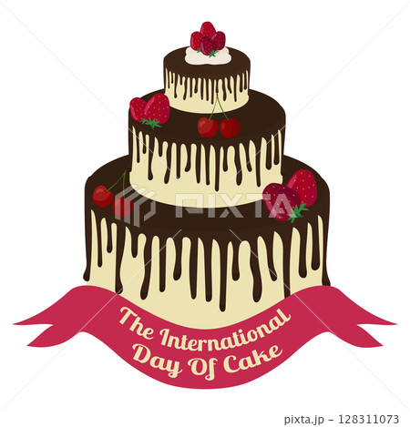 Large chocolate cake with cream, strawberries, cherries. International day of the cake. Vector. 128311073