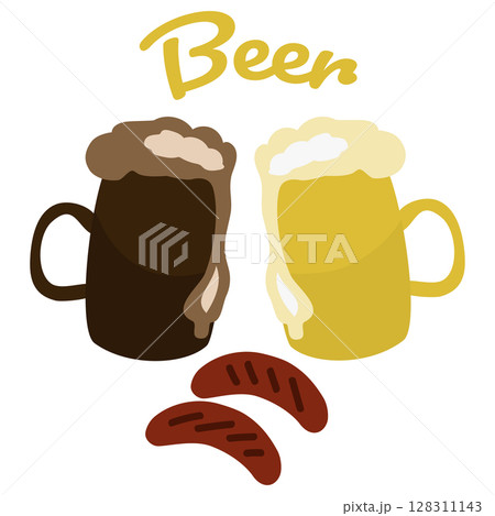 Beer in mugs is light and dark. And grilled sausages. Vector. In the style of hand drawing. 128311143
