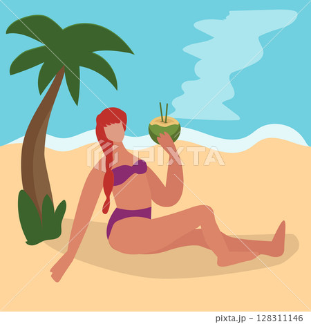 Girl in a swimsuit on the beach under a palm tree. 128311146