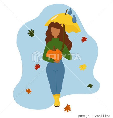 A girl in autumn clothes with an umbrella and boots. With a pumpkin in his hands. Vector illustration isolated. 128311168