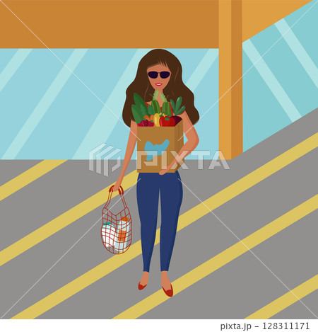 A beautiful girl came out of the supermarket with food. 128311171