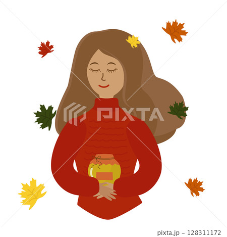 Autumn. A girl in a sweater with a jar of jam in her hands. Vector illustration isolated. 128311172