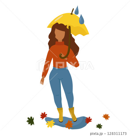 Autumn. A girl with a yellow umbrella and boots. Vector illustration isolated. 128311173