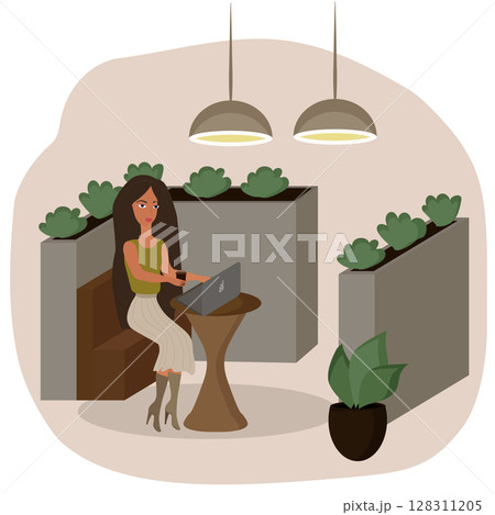 The girl is working on a laptop from a cafe. The girl is working on a laptop from a cafe. 128311205