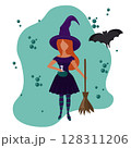 Beautiful witch for Halloween. With a hat, striped stockings,and a broom. Vector illustration isolated. 128311206