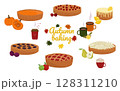 Autumn pastries, sweet pies set. With pumpkin, apples, pears, cherries, lemon. Vector. In the style of hand drawing. 128311210
