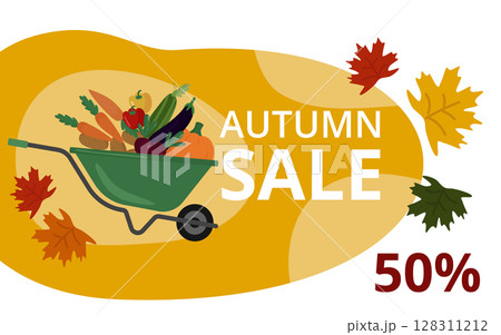 Autumn discounts, banner, poster. Wheelbarrow, pumpkin, farm vegetables. Vector. In the style of hand drawing. 128311212