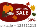 Autumn discounts, banner, poster. Pumpkin, mushrooms, hedgehog, autumn leaves. Vector. In the style of hand drawing. 128311213