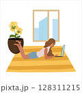 The girl works from home, freelance. Lying on the floor behind a laptop. The concept of staying at home. A set of vector illustrations. 128311215