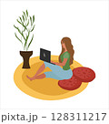 The girl works from home, freelance. Sitting on the floor with a laptop on the yellow carpet. The concept of staying at home. A set of vector illustrations. 128311217
