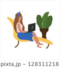 The girl works from home, freelance. Sitting on a reclining chair, at a laptop. The concept of staying at home. A set of vector illustrations. 128311218