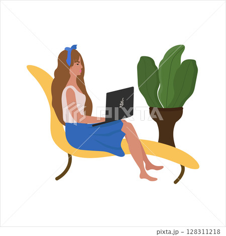 The girl works from home, freelance. Sitting on a reclining chair, at a laptop. The concept of staying at home. A set of vector illustrations. The girl works from home, freelance. Sitting on a reclining chair, at a laptop. The concept of staying at home. A set of vector illustrations. 128311218