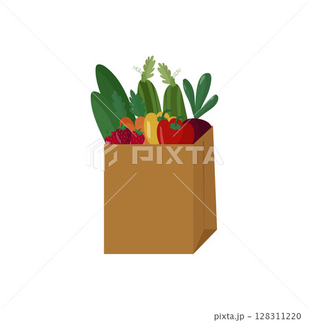 Bag with healthy organic vegetables and berries. Bag with healthy organic vegetables and berries. 128311220