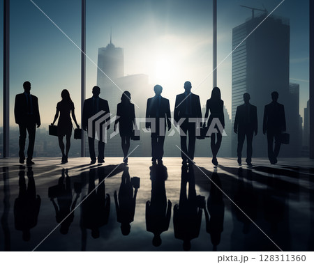 Silhouette of a group of businessmen walking, symbolizing the future, technology and business. Silhouette of a group of businessmen walking, symbolizing the future, technology and business. 128311360