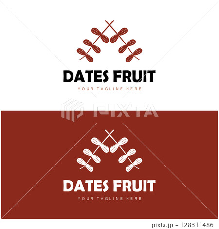 Date palm fruit plant logo design with leaves,seeds and date palm tree isolated background exotic organic plant. 128311486