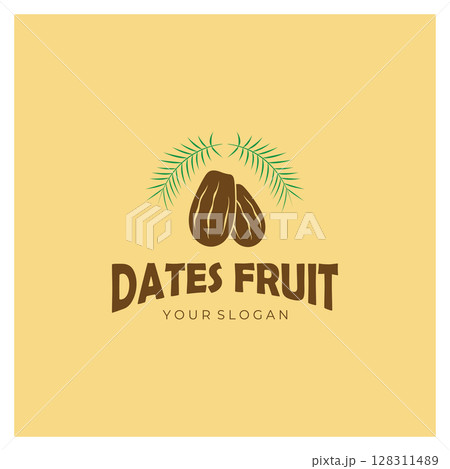 Date palm fruit plant logo design with leaves,seeds and date palm tree isolated background exotic organic plant. 128311489