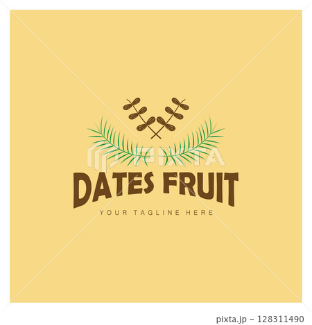 Date palm fruit plant logo design with leaves,seeds and date palm tree isolated background exotic organic plant. 128311490