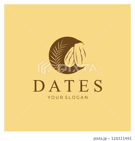 Date palm fruit plant logo design with leaves,seeds and date palm tree isolated background exotic organic plant. Date palm fruit plant logo design with leaves,seeds and date palm tree isolated background exotic organic plant. 128311491