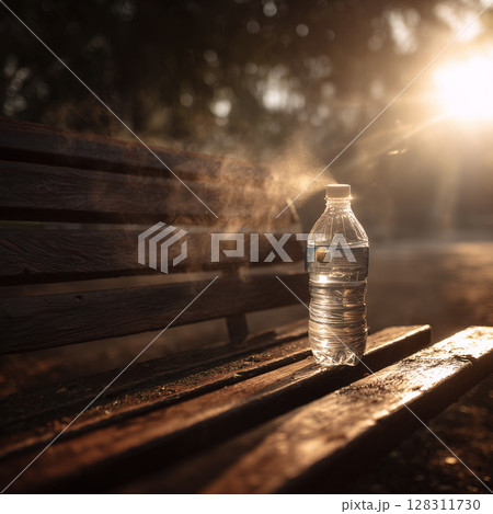 【夕陽と水のボトル】木製ベンチに置かれたペットボトルと逆光の情景/酷暑・猛暑・熱中症 【夕陽と水のボトル】木製ベンチに置かれたペットボトルと逆光の情景/酷暑・猛暑・熱中症 128311730