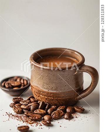 Coffee Mug and Grinded Coffee Beans. Isolated on White Background. Relax coffee concept. AI Generated. 128311833