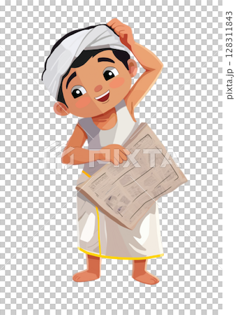 Cute illustration of traditional, hindu boy or man wearing dhoti, reading, newspaper, thoughtful 128311843