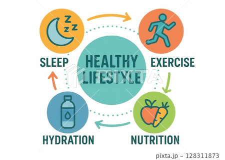 Healthy lifestyle infographic with icons showing sleep, exercise, nutrition, hydration cycle for wellness and balance 128311873
