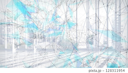 Image of network of connections spinning over empty office in background 128311954