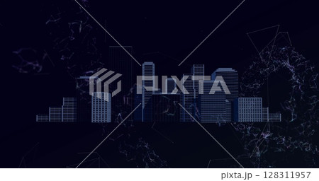 Image of networks of connections, dna structure and cityscape on blue background 128311957