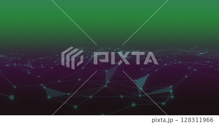 Image of network of connections over green to purple background Image of network of connections over green to purple background 128311966