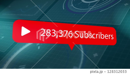 Image of speech bubble with subscribers text and numbers over blue grid 128312033
