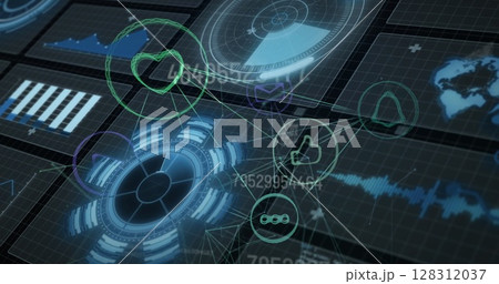 Image of network of connection over data processing digital screens Image of network of connection over data processing digital screens 128312037