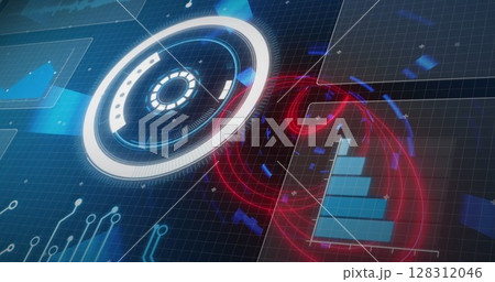 Image of luminous tunnel over digital screen with grid and data charts Image of luminous tunnel over digital screen with grid and data charts 128312046