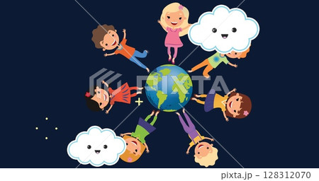 Image of smiling white clouds over happy children standing on globe on blue background Image of smiling white clouds over happy children standing on globe on blue background 128312070