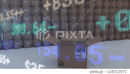 Image of financial data processing over stacked cardboard boxes Image of financial data processing over stacked cardboard boxes 128312071