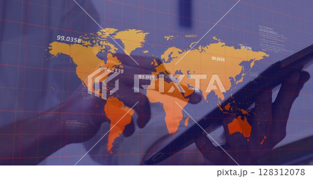Multiple numbers floating over world map against mid section of person using digital tablet 128312078