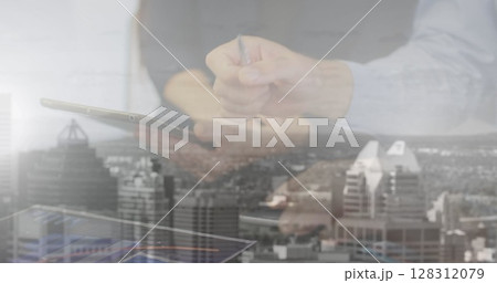 Digital composition of mid section of business people working at office against cityscape Digital composition of mid section of business people working at office against cityscape 128312079