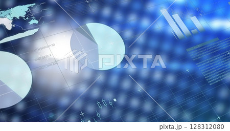 Financial and statistical data processing over grid network against cityscape in background 128312080