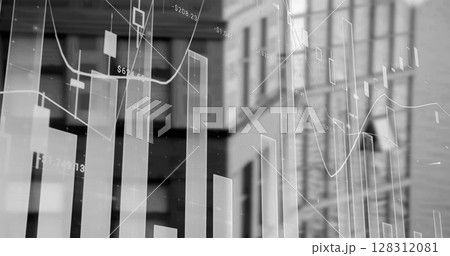 Financial and statistical data processing against tall buildings in background 128312081