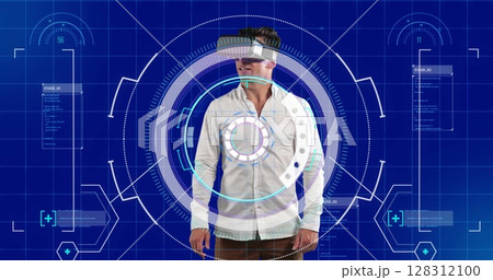 Data processing and scope scanner over man wearing vr headset against blue background Data processing and scope scanner over man wearing vr headset against blue background 128312100