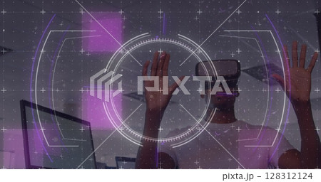 Scope scanning over grid network against african american man wearing vr headset at office Scope scanning over grid network against african american man wearing vr headset at office 128312124