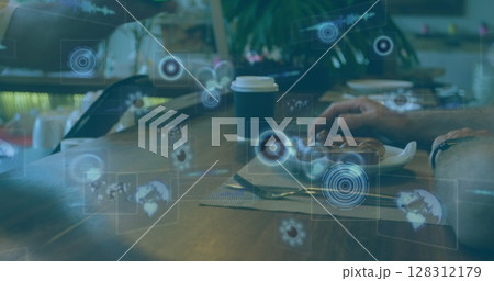Image of scopes scanning and data processing on screens over payment with terminal Image of scopes scanning and data processing on screens over payment with terminal 128312179