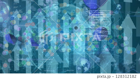 Image of scopes scanning and data processing on screens over globe and arrows Image of scopes scanning and data processing on screens over globe and arrows 128312182